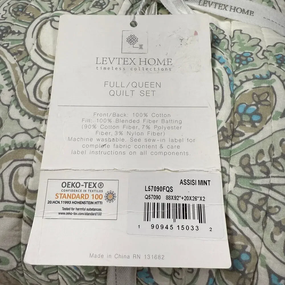 Levtex Home NWT Assisi Quilt Set Full/Queen 2 Shams Mint Green Paisley Floral